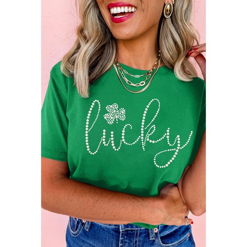 Bright Green Ceramic Rhinestone Lucky Clover Graphic Tee - 3XL - Main Image