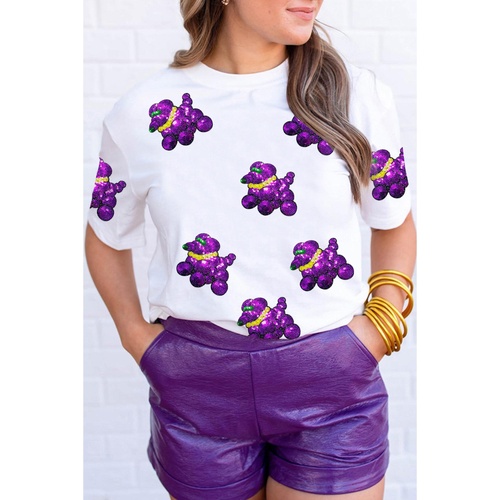 White Sequin Balloon Puppy Graphic Mardi Gras Tee - M - Main Image