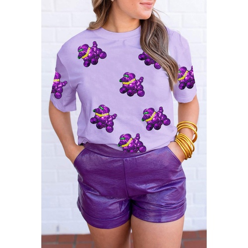 Wisteria Sequin Balloon Puppy Graphic Mardi Gras Tee - L - Main Image