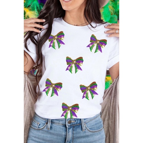 White Sequin Mardi Gras Bow Graphic Crewneck Tee - XL - Main Image
