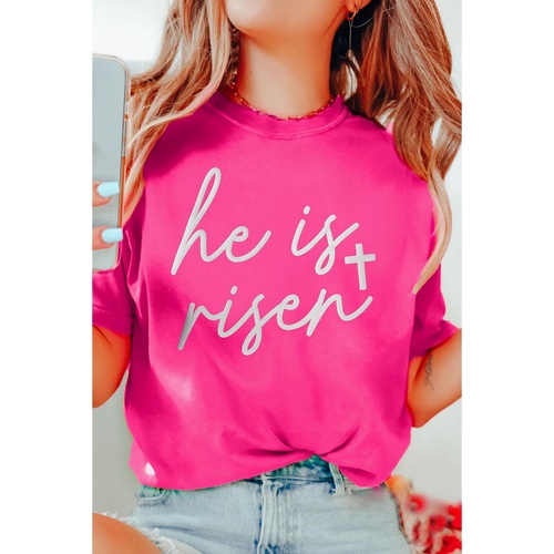 Rose Red Glitter he is risen Cross Printed Crewneck Tee - S - Main Image