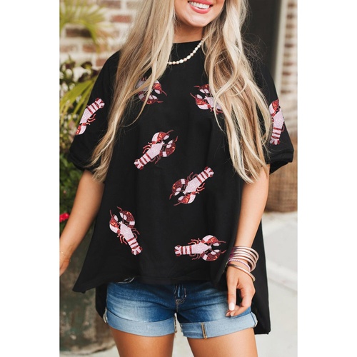 Black Sequin Crayfish Graphic Drop Sleeve High Low Tee - S - Main Image