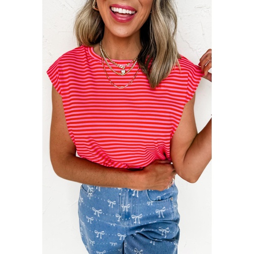 Red Stripe Ribbed Cap Sleeve Round Neck T Shirt - L - Main Image