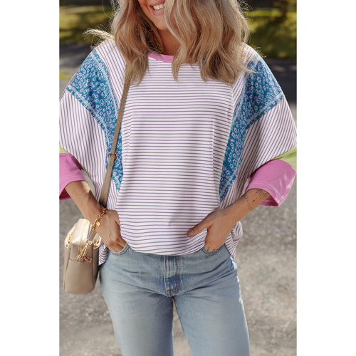 Purple Stripe Floral Color Block Raw Edge Patchwork Bracelet Sleeve Blouse - L - Main Image