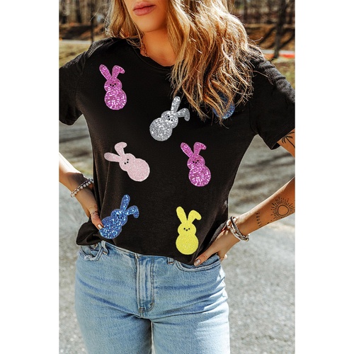 Black Sequin Bunny Doll Graphic Easter Day T Shirt - S - Main Image