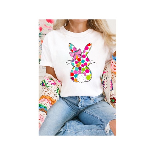 White Polka Dot Bow Rabbit Graphic Crewneck Easter Fashion Tee - XL - Main Image