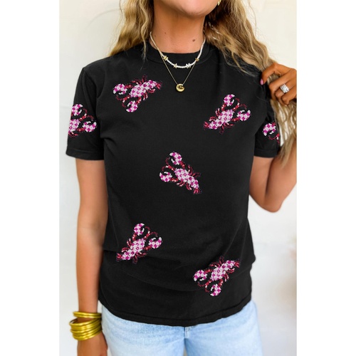 Black Sequin Crawfish Patched Crew Neck Tee - S - Main Image
