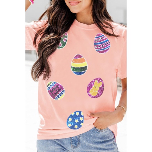 Pink Sequin Easter Eggs Graphic Crewneck T Shirt - M - Main Image