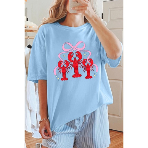 Light Blue Bow Crawfish Printed Relaxed Fit T Shirt - 2XL - Main Image