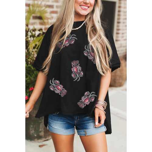 Black Sequin Crawfish Graphic High Low Loose T Shirt - XL - Main Image