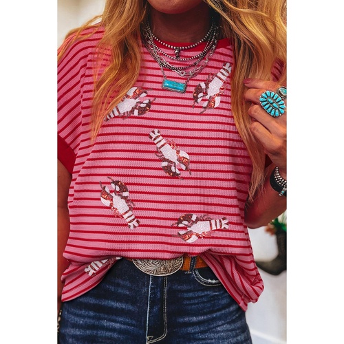 Pink Stripe Sequin Crawfish Crewneck T Shirt - M - Main Image