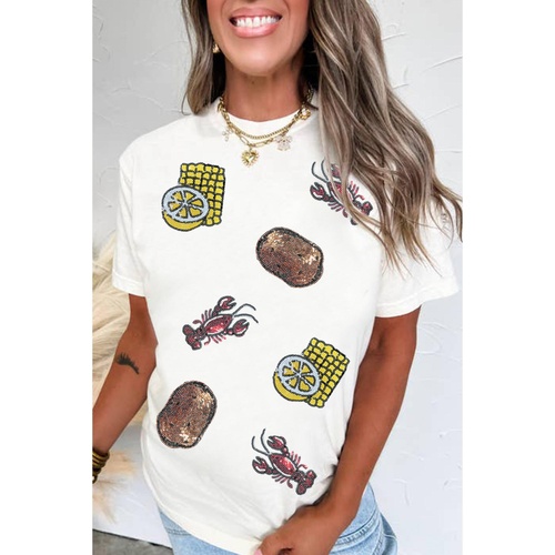 White Sequin Crawfish Potato Lemon Corn Graphic Crewneck T Shirt - M - Main Image