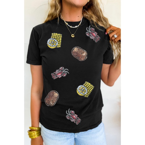 Black Sequin Crawfish Potato Lemon Corn Graphic Crewneck T Shirt - M - Main Image