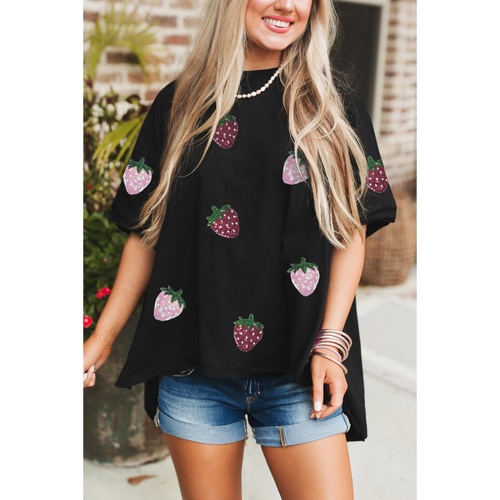 Black Sequin Strawberry Graphic High Low Relaxed Fit Tee - L - Main Image