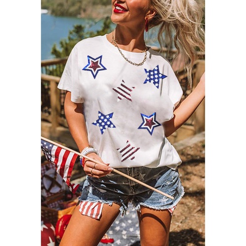 White USA Sequin Stars Patched Casual T Shirt - 2XL - Main Image