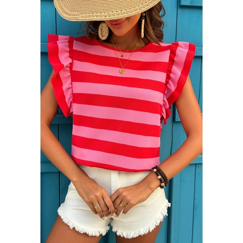 Red Stripe Flutter Sleeve Round Neck T Shirt - XS - Main Image