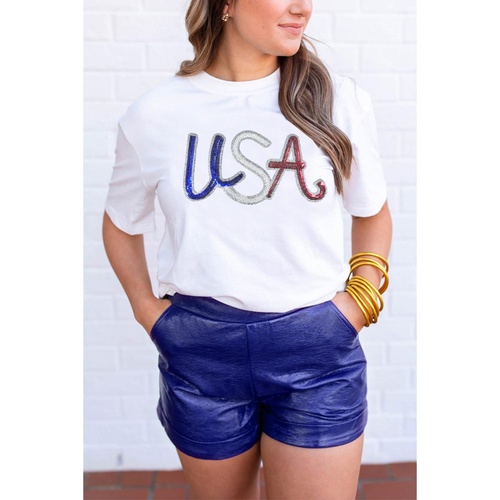 White Sequin USA Graphic Crew Neck Patriotic Tee - M - Main Image