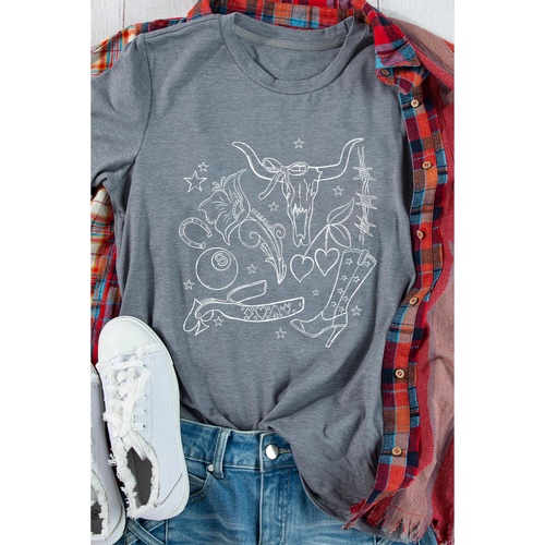 Gray Cowgirl Boots OX Head Western Fashion Print Crewneck Tee - L - Main Image