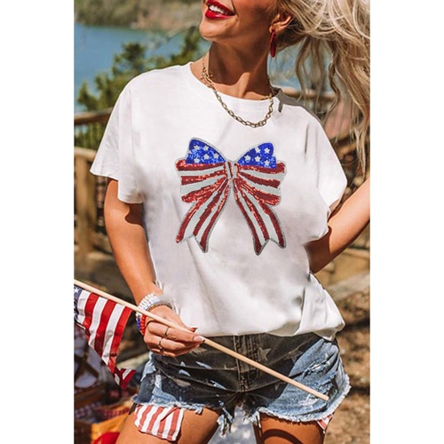White USA Flag Bow Knot Patched Crew Neck T Shirt - 2XL - Main Image