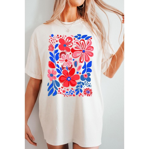 White Floral Print Half Sleeve Round Neck Oversized Tee - M - Main Image