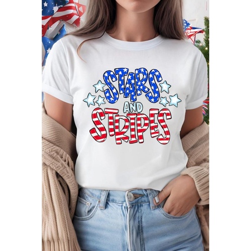 White Stars and Stripes Round Neck Graphic T Shirt - XL - Main Image