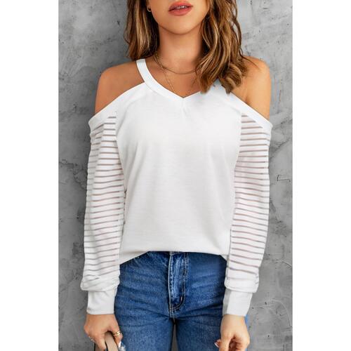 Azura Exchange Cut-out Cold Shoulder Mesh Striped Long Sleeve T-shirt - XL - Main Image