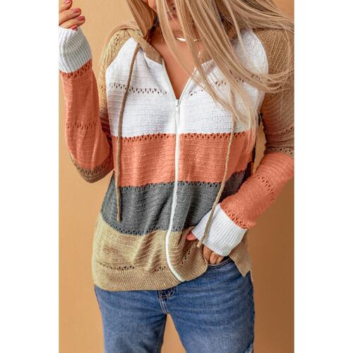 Azura Exchange Zipped Front Colorblock Hollow-out Knit Hoodie - M - Main Image