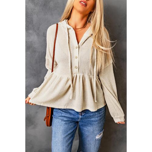 Azura Exchange Waffle Knit Buttons Ruffled Hooded Top - L - Main Image