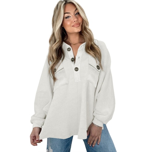 White Oversized Flap Pockets Button Collared Sweatshirt - L - Main Image