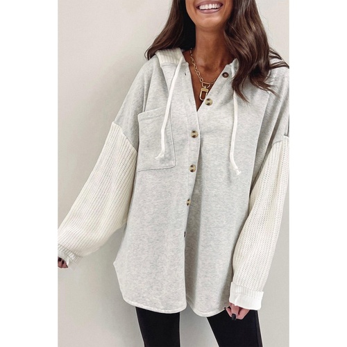 Azura Exchange Gray Button Up Contrast Knitted Sleeves Hooded Jacket - S - Main Image