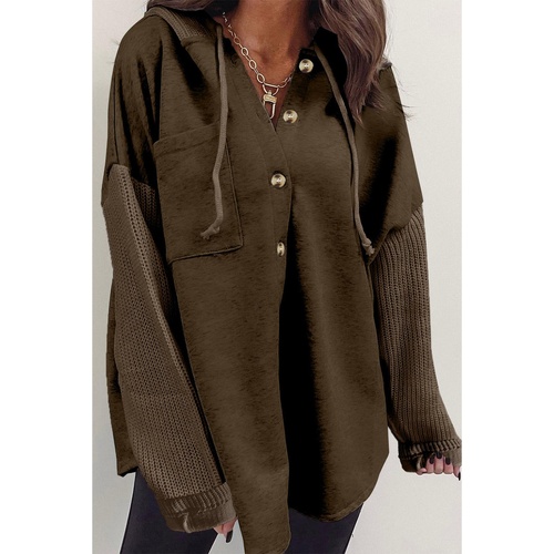 Dark Brown Button Up Contrast Knitted Sleeves Hooded Jacket - L - Main Image