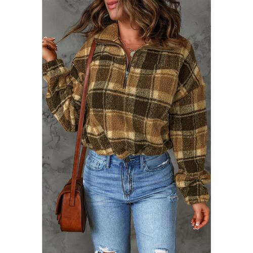Azura Exchange Plaid Pattern Fleece Sweatshirt with Zip Collar - XL - Main Image