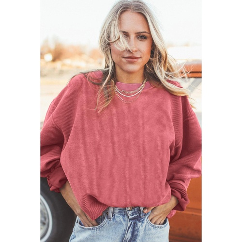 Strawberry Pink Ribbed Corded Oversized Sweatshirt - L - Main Image