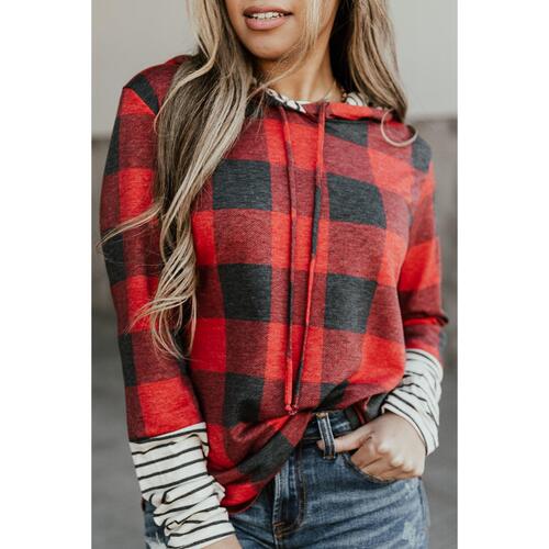 Azura Exchange Plaid Striped Patchwork Drawstring Hoodie - M - Main Image