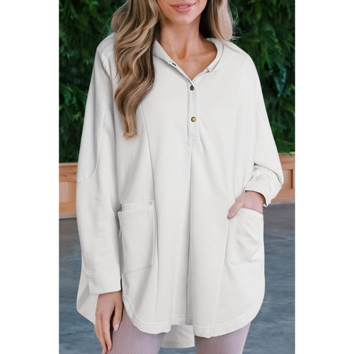 White Patchwork Side Pockets Oversized Henley Hoodie - XL - Main Image