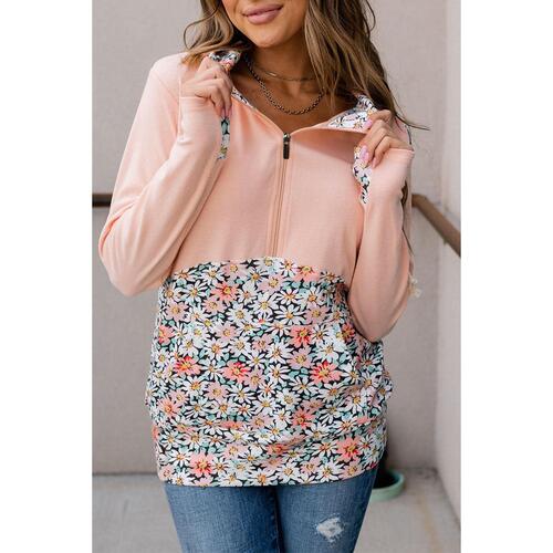 Azura Exchange Floral Patch Half Zip Kangaroo Pocket Hoodie - S - Main Image