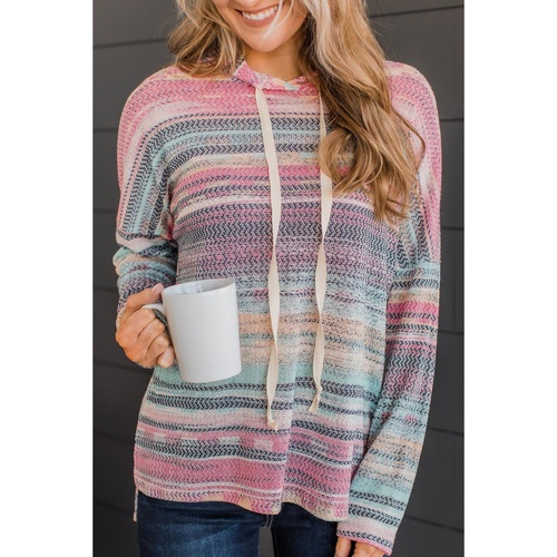 Multicolor Striped Print Cable Knit Drop Shoulder Hoodie - M - Main Image