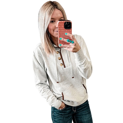 Beige Drawstring Kangaroo Pocket Henley Hoodie - S - Main Image