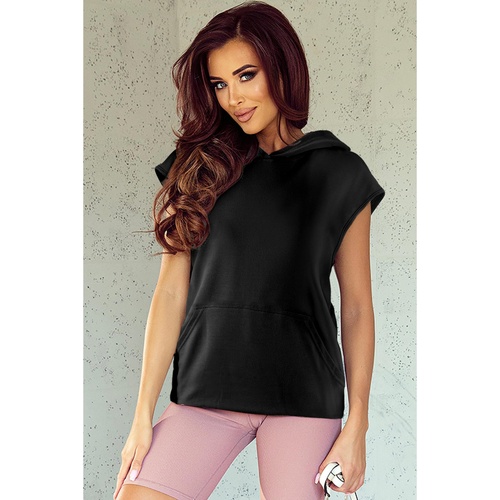 Black Solid Color Cap Sleeve Kangaroo Pocket Hoodie - M - Main Image