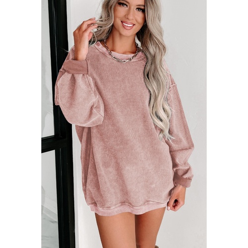 Pink Solid Ribbed Knit Round Neck Pullover Sweatshirt - L - Main Image