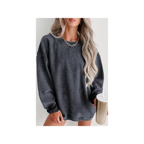 Azura Exchange Gray Ribbed Knit Round Neck Pullover Sweatshirt - L - Main Image