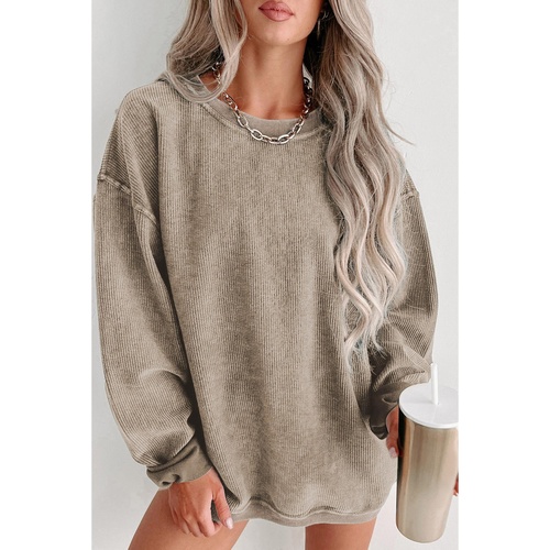 Khaki Solid Ribbed Knit Round Neck Pullover Sweatshirt - L - Main Image