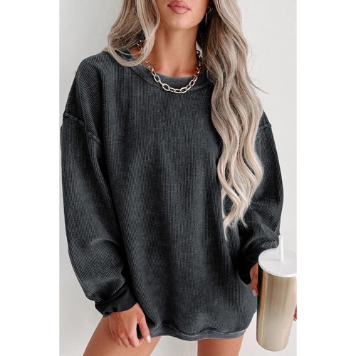 Black Solid Ribbed Knit Round Neck Pullover Sweatshirt - S - Main Image