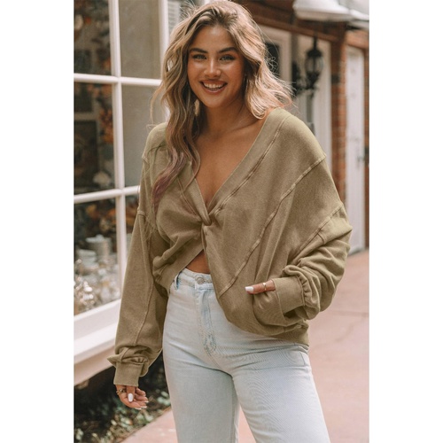 Khaki Exposed Seam Twist Open Back Oversized Sweatshirt - S - Main Image