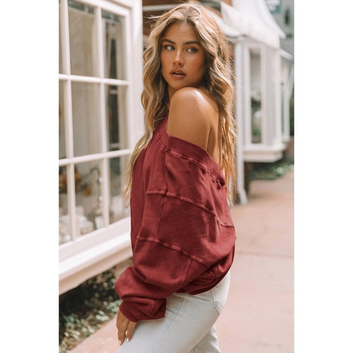 Red Exposed Seam Twist Open Back Oversized Sweatshirt - L - Main Image