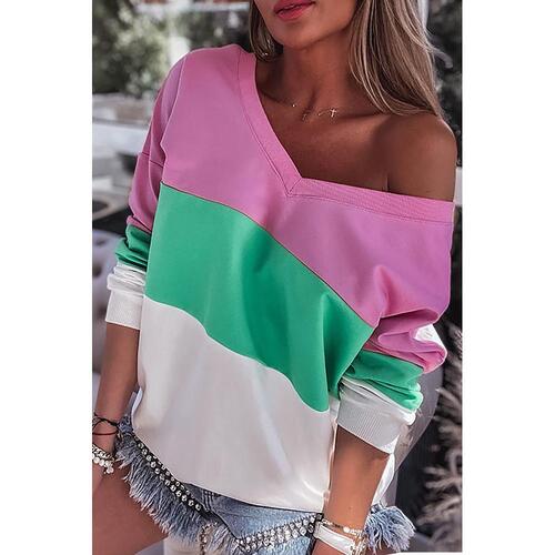 Azura Exchange Color Block Ribbed V-Neck Sweatshirt - L - Main Image