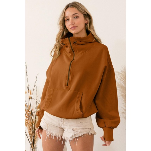 Brown Ribbed Trim Kangaroo Pocket Zipped Hoodie - L - Main Image