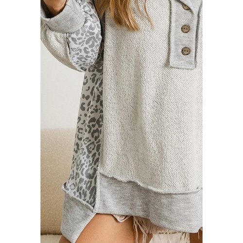 Gray Leopard Patchwork Exposed Seam Buttoned Neck Sweatshirt - S - Main Image