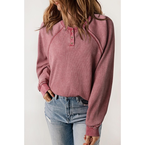 Red Waffle Knit Raglan Sleeve Henley Sweatshirt - S - Main Image