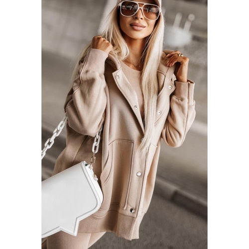 Beige Solid Color Pocketed Button Up Loose Hoodie - L - Main Image